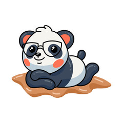 Cute little panda cartoon sunbathing on sandy