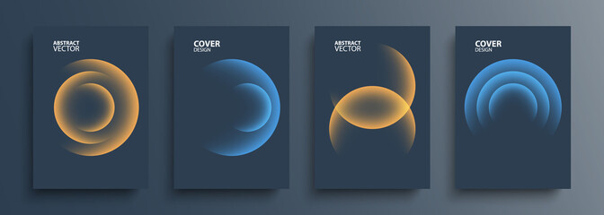 Cover templates set with vibrant gradient round shapes. Futuristic abstract backgrounds with planet sphere for your graphic design. Vector illustration. - obrazy, fototapety, plakaty