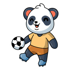 Cute little panda cartoon playing soccer ball