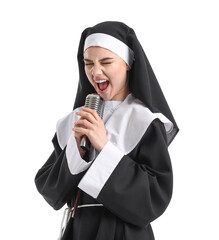 Naughty young nun with microphone singing on white background