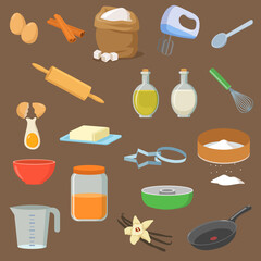 Utensils and ingredients for dessert vector illustrations set. Flour, bag of sugar, vinegar, butter, eggs, kitchen tools, pan, whisk, mixer isolated on brown background. Recipe, cooking concept