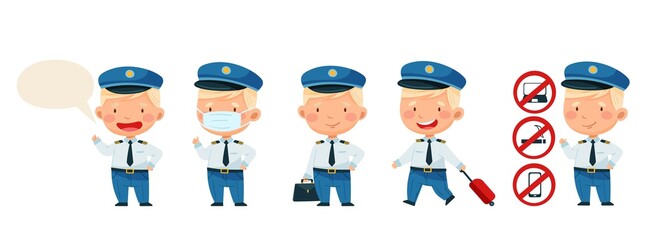 Fototapeta premium Set of characters pilot and safety rules. Isolated on a white background. Suitcase, face mask. Vector illustration