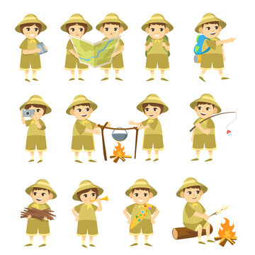 Cartoon scout children vector illustrations set. Boys and girls in uniform hiking, cooking over campfire, taking pictures, fishing, using map isolated on white background. Adventure, camping concept