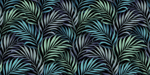 Tropical seamless pattern. Beautiful green, purple, blue palm leaves. Hand-drawn vintage 3D illustration. Glamorous exotic abstract background design. Good for luxury wallpapers, cloth, fabric print - 439784795