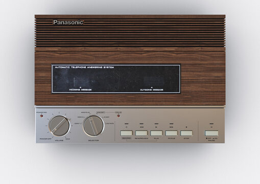 A 3D render of a Panasonic vintage eighties answering machine on a white background - June 16, 2021 in Bristol, United Kingdom