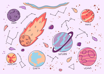 Naklejka premium Black planets space constellations on dark background, Night sky background.