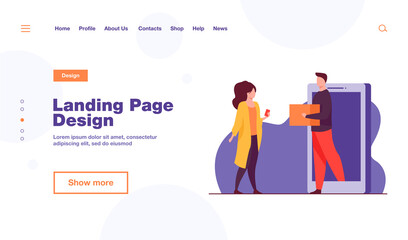 Woman buying clothes online and getting order. Courier, smartphone, box flat vector illustration. Delivery service and shopping concept for banner, website design or landing web page