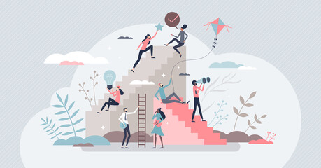 Fototapeta na wymiar Self growth and personal development progress stages tiny person concept. Reaching for career goals and success vector illustration. Ambition ladders and potential accomplishment vision for future.