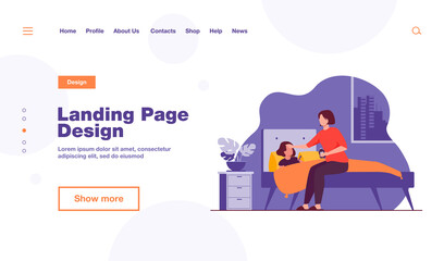 Mom taking care about sick child. Girl getting cold, suffering from flu, lying in bed with sore throat and fever. Vector illustration for childcare, motherhood, epidemic concept