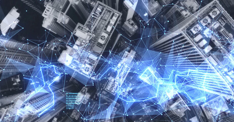 Aerial. Camera moving around buildings. Wireless communication network concept. IoT Internet of Things. ICTInformation Communication Technology.