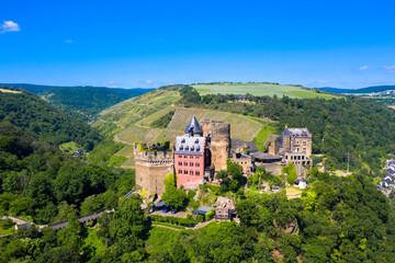 Fototapeta premium Panoramic aerial view from Schoenburg castle. It is a castle above the medieval town of Oberwesel Upper Middle Rhine Valley, Germany UNESCO World Heritage Site.