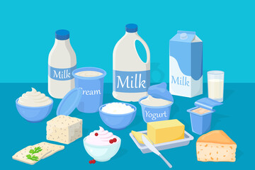 A set of dairy products on a blue background .Illustrations of milk, cottage cheese, butter, sour cream, cream, cheese and yogurt.Illustrations in a hand-drawn style.Fresh farm products.