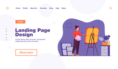 Smiling woman standing near easel and painting flat vector illustration. Cartoon painter with palette drawing new masterpiece. Creative profession and hobby concept