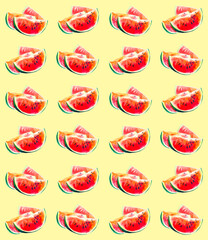 Watercolor watermelon slices pattern on yellow background