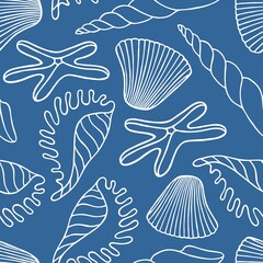 Seamless pattern with exotic seashells and starfish on a blue background in vector