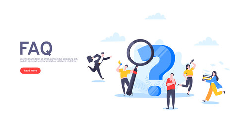 Q and A or FAQ concept with tiny people characters, big question mark, frequently asked questions template. Answers business support concept flat style design vector illustration.