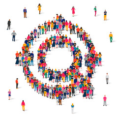 A large group of people in multi-colored clothes are standing in a magnifying glass.