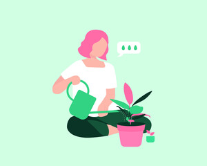 Young women watering plant while sitting at the garden, back to nature flat design vector concept 