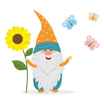 funny dwarf holding a large sunflower on a background of butterflies, vector isolated illustration in flat style