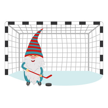a cheerful dwarf in winter plays hockey with a stick and a puck in the goal, vector isolated illustration