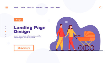Happy couple walking in autumn park with buggy. Pram, family, baby flat vector illustration. Weekend and holiday concept for banner, website design or landing web page