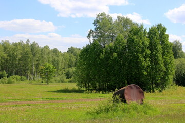 Large metal barrel for water. A metal water barrel stands in the garden.Old rusty Barrel for Irrigation at the Agricultural Field