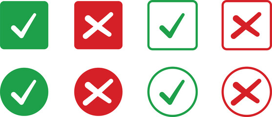Green tick symbol and red cross sign in circle. Green tick symbol and red cross sign in box. check and uncheck icon set. - obrazy, fototapety, plakaty