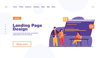 Programmers coding new program. Laptop, code, development flat vector illustration. Programming and digital technology concept for banner, website design or landing web page