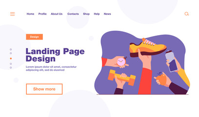 Many hands holding boot, apple, bottle with water, dumbbell flat vector illustration. Workout and training accessories for sport exercise. Wellness and healthy lifestyle concept