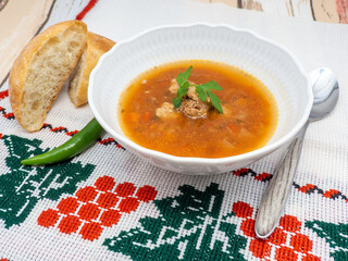 romanian ciorba de perisoare or meat balls soup