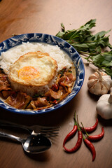 Stir Fried Basil with Bacon Thai Style and raw materials