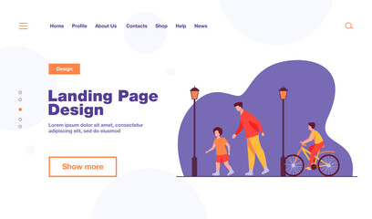 Happy kids and man rolling and cycling. Roller skates, bicycle, city flat vector illustration. Urban lifestyle and weekend concept for banner, website design or landing web page