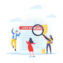 User manual guide book flat style design vector illustration. Tiny people, magnifying glass working together with guide book. Specifications user guidance document.