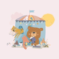 Cute Cartoon Animals reading Book in Tent