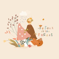 Cartoon Autumn Plants with Little Fox and Duckling