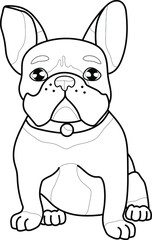 Cute realistic french bulldog sketch template. Cartoon graphic vector illustration in black and white for games, background, pattern, decor. Coloring paper, page, story book. Print for fabrics