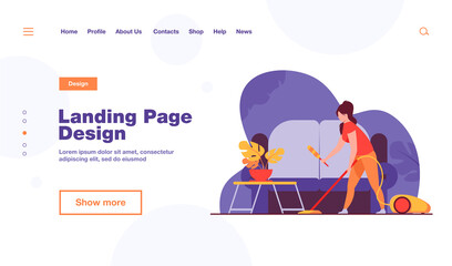 Housewife cleaning home with vacuum cleaner. Sofa, house, room flat vector illustration. Household and housekeeping concept for banner, website design or landing web page