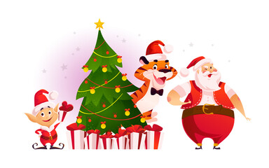 Merry Christmas illustration with little Santa elf, tiger and Santa Claus at decorated fir tree and gifts. Vector flat cartoon style. For banners, sale cards, posters, tags, web, flyer, advertisement.