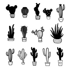 Set of cactus doodles illustrations. Home plants in pots. A variety of outlined succulents. Vector illustration in outline style and silhouette.