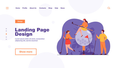 Happy people playing golf with brassies and ball on lawn, enjoying their hobby, having fun. Vector illustration for golf club, championship, sport, lifestyle concept