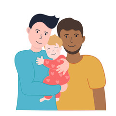 illustration LGBT family. Father day 2021. Two man and african american wihte and and child on hands on white isolated background