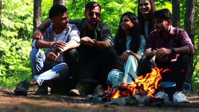 Multiracial pakistanian happy friends at picnic camping park .