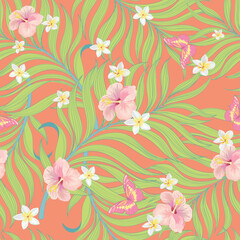 Tropical pattern with hibiscus, palm leaves. Summer vector background for fabric, cover,print design.