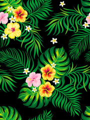 Tropical pattern with hibiscus, palm leaves. Summer vector background for fabric, cover,print design.