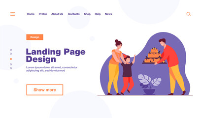 Parents giving birthday cake to son. Family, kid, sweet flat vector illustration. Celebration and holiday concept for banner, website design or landing web page