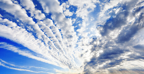 White cirrocumulus clouds blue sky background panorama, altocumulus cloudy skies panoramic view, stratocumulus cloud texture, cirrus cumulus cloudscape, sunny heaven landscape, cloudiness backdrop - obrazy, fototapety, plakaty
