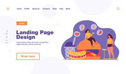 Fat woman keeping unhealthy diet, eating junk food, having high cholesterol and health problem. Vector illustration for fitness, obese people diseases, overweight concept.