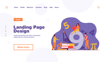 Naklejka premium Happy students learning math in college or school isolated flat vector illustration. Cartoon digits, geometry figures, algebra formulas and arithmetic symbols. Education and knowledge concept