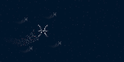 A zodiac pisces symbol filled with dots flies through the stars leaving a trail behind. There are four small symbols around. Vector illustration on dark blue background with stars