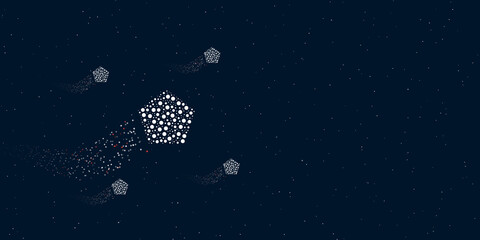 Fototapeta na wymiar A pentagon symbol filled with dots flies through the stars leaving a trail behind. Four small symbols around. Empty space for text on the right. Vector illustration on dark blue background with stars